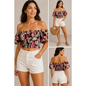 LOFT Beach Tropical Linen Puff Sleeve Off Shoulder Crop Top Floral Small